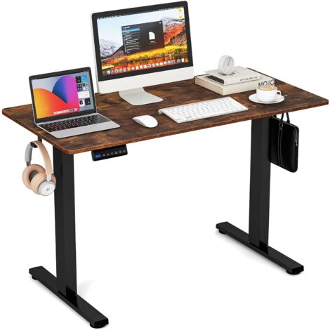 COSTWAY Bureau Assis Debout Électrique 120 x 60 cm, Bureau Électrique Réglable en Hauteur avec Protection Anti-Collision, 3 Hauteurs de Mémoire, Passe-câbles et Crochets (Marron Rustique+Noir)