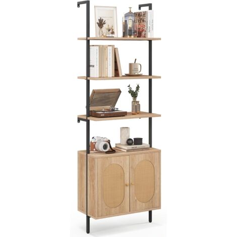 COSTWAY Bibliothèque Étagère Échelle avec Armoire en Rotin, Étagère de Rangement à 6 Niveaux avec Cadre Métallique, pour Salon Chambre Bureau, 30 x 60 x 180 cm, Naturel (1/5)