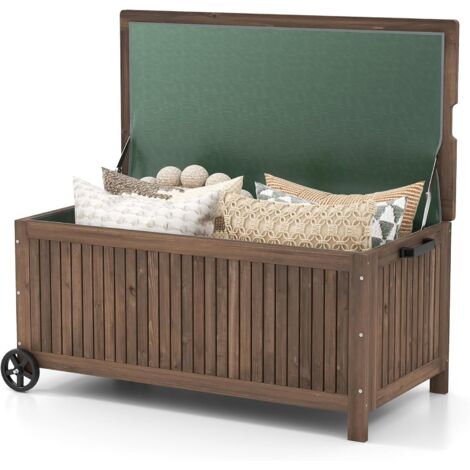 COSTWAY Coffre de Rangement en Bois de Sapin 213L avec Doublure Amovible Imperméable, Banc de Rangement Extérieur à Roulettes Charge 50KG pour Terrasse Jardin 114 x 58,5 x 51 cm, Marron (1/5)