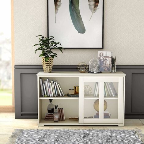 COSTWAY Sideboard mit höhenverstellbarer Ablage und Schiebetüren aus gehärtetem Glas, Küchenschrank 107 x 33 x 62,5 cm, Cremeweiß