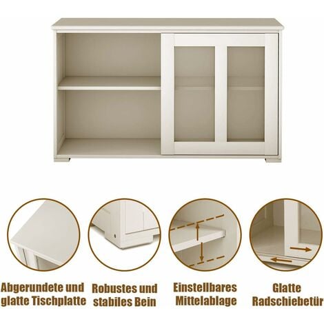 COSTWAY Sideboard mit höhenverstellbarer Ablage und Schiebetüren aus gehärtetem Glas, Küchenschrank 107 x 33 x 62,5 cm, Cremeweiß