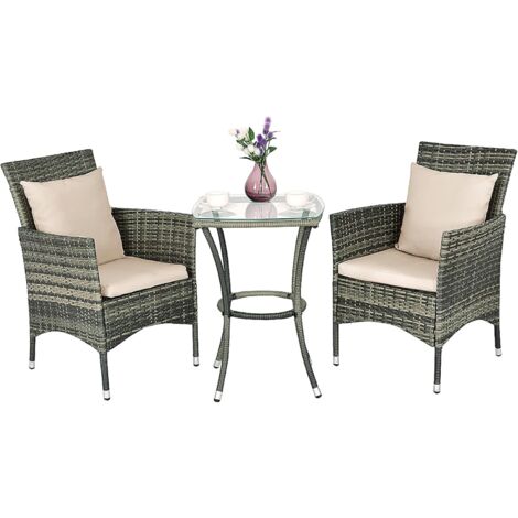 COSTWAY 3 TLG. Polyrattan Gartenmöbel, Rattanmöbel, Rattan Sitzgruppe, Gartenset, Sitzgarnitur, Balkon-Set, Terrasse Set Gartengarnitur mit Glastisch und Kissen (1/5)