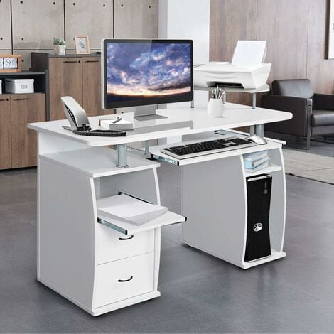 Costway Computertisch Schreibtisch Buerotisch Arbeitstisch Pc Tisch Mit Tastaturauszug Druckerablage Schubladen Weiss