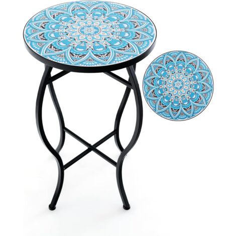 COSTWAY Beistelltisch Mosaiktisch Rund, Mosaik Gartentisch Bistrotisch, ∅30 x 50 cm, Balkontisch aus Metall & Keramik, Blumenhocker für Balkon Terrasse Garten Blau