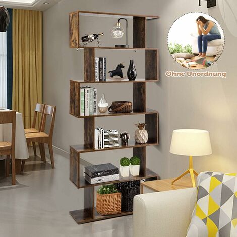 COSTWAY Bücherregal Holz, Standregal mit 6 Ebenen, Aktenregal für Pflanzen & Bücher, Wandregal inkl. Befestigungsmaterial, Aufbewahrungsregal S-Form, Büroregal braun