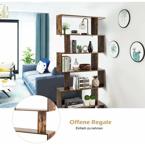 COSTWAY Bücherregal Holz, Standregal mit 6 Ebenen, Aktenregal für Pflanzen & Bücher, Wandregal inkl. Befestigungsmaterial, Aufbewahrungsregal S-Form, Büroregal braun