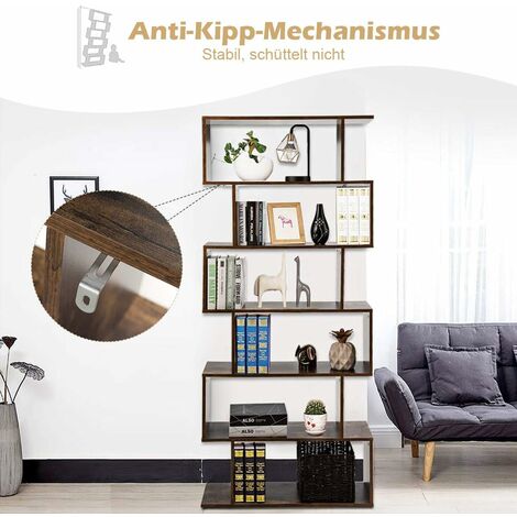 COSTWAY Bücherregal Holz, Standregal mit 6 Ebenen, Aktenregal für Pflanzen & Bücher, Wandregal inkl. Befestigungsmaterial, Aufbewahrungsregal S-Form, Büroregal braun