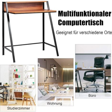 COSTWAY Schreibtisch 2-stoeckig, Computertisch mit stabilem Metallrahmen, Arbeitstisch Walnuss, Buerotisch, PC-Tisch fuers Wohnzimmer, Arbeitszimmer, Buero