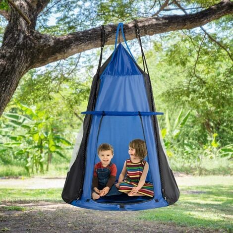 COSTWAY φ100cm Nestschaukel mit Zelt, Kinderschaukel und mit bis fuer 150kg Fenster, Tuer belastbar, Tellerschaukel Gartenschaukel