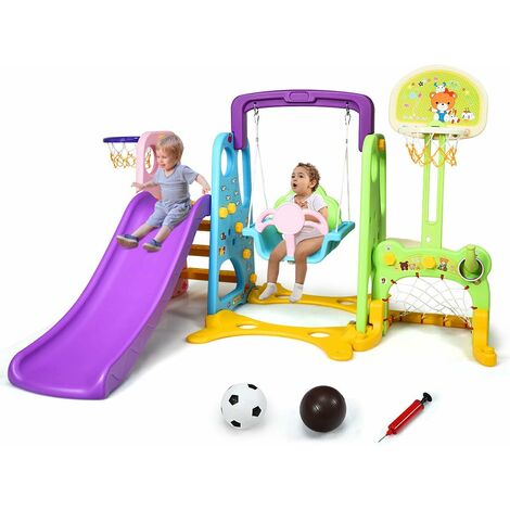 COSTWAY 6 in 1 Kinder Spielplatz, Kinder Rutsche & Schaukel & Basketballkorb & Fussballtor & Wurfspiel & Schreibzone fuer Outdoor und Indoor, Kinderrutsche fuer Kinder von 3-8 Jahren