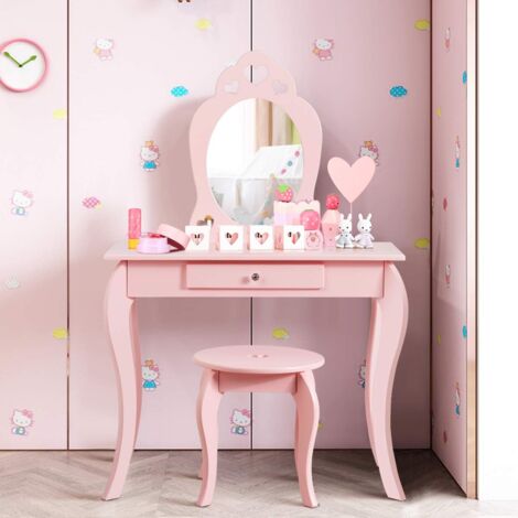 Maedchen COSTWAY mit Spiegel, Holz, Kinder Schminktisch, Hocker mit Frisiertisch und Make-up abnehmbarem Frisierkommode Tisch