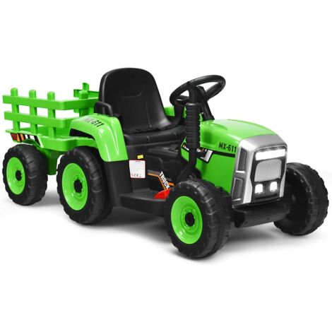 COSTWAY 12V 3-Gang Traktor mit abnehmbarem Anhaenger, Kinder Aufsitztraktor mit LED Lichtern, Musik, Hupe USB & Bluetooth Audio Funktionen geeignet für Kinder ab 3 Jahren (1/5)