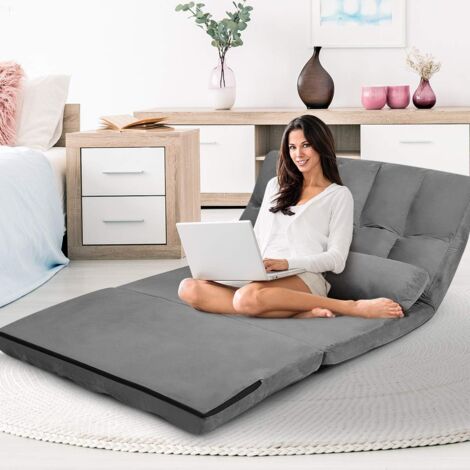 COSTWAY Schlafsofa mit 2 Kissen, Sofabett mit 6 stufig Verstellbarer Ruecklehne, Lazy Sofa klappbar, Bodensofa fuer Schlafzimmer, Wohnzimmer und Balkon Grau
