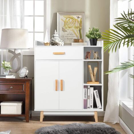 COSTWAY Bücherregal Mit Türen & 4 Offenen Fächern | 180 Cm Hoher Standschrank | Weiß