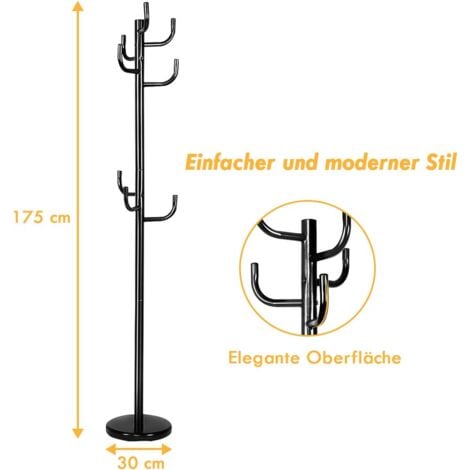 COSTWAY Garderobenstaender Metall mit 8 Haken, Kleiderstaender Stahl, Garderobe fuer Kleidung, Jacken, Huete, Taschen 30x30x175cm