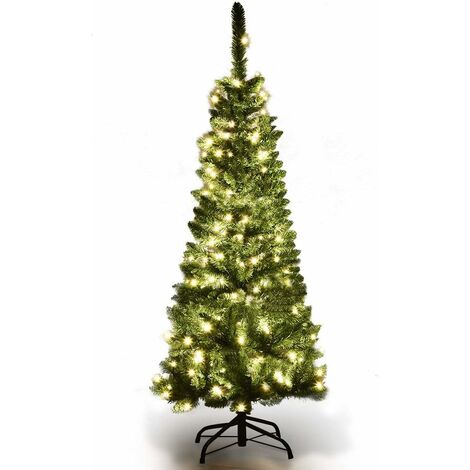 COSTWAY 135cm Bleistift Weihnachtsbaum mit warmweissen LED-Leuchten, künstlicher Tannenbaum mit Klappsystem und Metallstaender, Christbaum PVC Nadeln, Kunstbaum Weihnachten Grün (1/5)