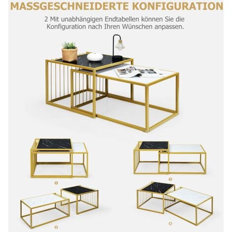 COSTWAY Marmor Couchtisch Set Metallstruktur Satztische 2xBeistelltisch, fürs Wohnzimmer