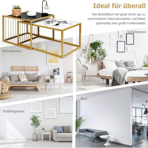 COSTWAY Marmor Couchtisch Set Metallstruktur Satztische 2xBeistelltisch, fürs Wohnzimmer
