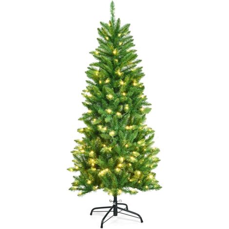 COSTWAY 150cm Bleistift Weihnachtsbaum mit warmweissen LED-Leuchten, künstlicher Tannenbaum mit Klappsystem und Metallstaender, Christbaum PVC Nadeln, Kunstbaum Weihnachten Gruen (1/5)
