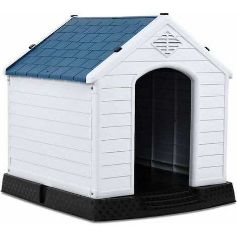 COSTWAY Hundehuette Kunststoff Hundehaus Plastik fuer Garten, Drinnen und Draussen, Hundehoehle mit Erhoehtem Boden, Hundekisten blau und weiss
