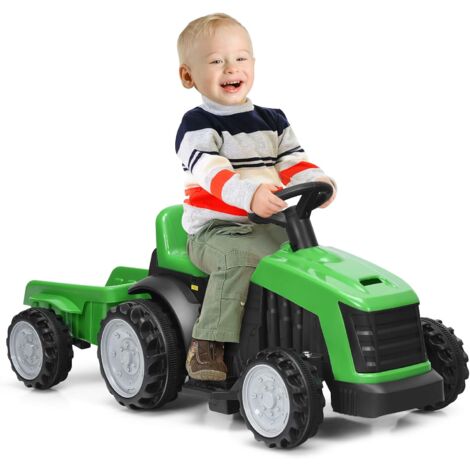 COSTWAY 6V Kinder Traktor mit abnehmbarem Anhaenger, Elektro Traktor 2,5-3 km/h, 2-Gang Kinder Aufsitztraktor mit Vorwaerts-/Rueckwaertsschalter, geeignet fuer Kinder ab 2 Jahren Gruen