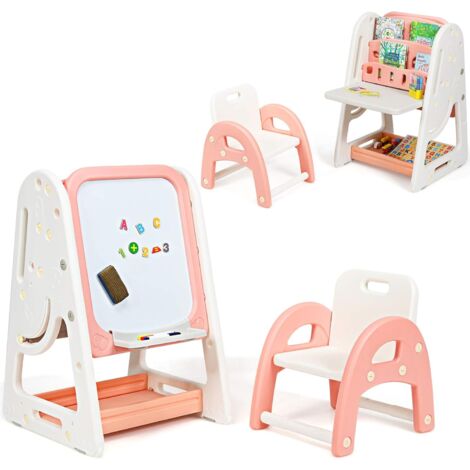 COSTWAY 2 in 1 Kinder Staffelei & Kindersitzgruppe mit Buecherregal, Kindertisch & -stuhl mit Aufbewahrungsablage und klappbarer Tischplatte, magnetische Standtafel mit Malzubehoer Orange