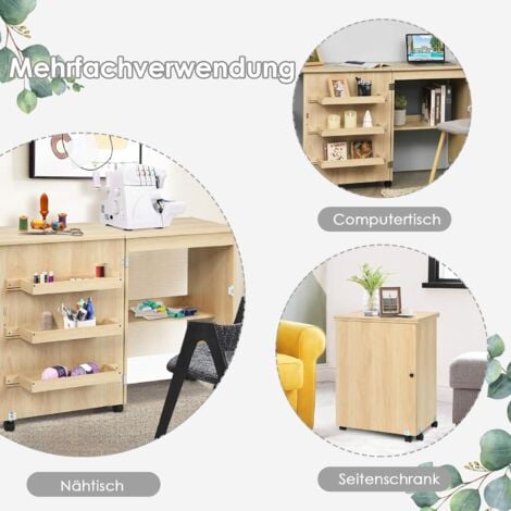 COSTWAY 2 in 1 Naehschrank und Schreibtisch, Naehtisch klappbar, Naehmaschinentisch rollbar, Naehmaschinenschrank, Mehrzwecktisch, Arbeitstisch fuer Wohnzimmer, Schlafzimmer und Buero, 59x40x79,5 cm B