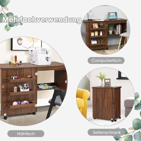 COSTWAY 2 in 1 Naehschrank und Schreibtisch, Naehtisch klappbar, Naehmaschinentisch rollbar, Naehmaschinenschrank, Mehrzwecktisch, Arbeitstisch fuer Wohnzimmer, Schlafzimmer und Buero, 59x40x79,5 cm K
