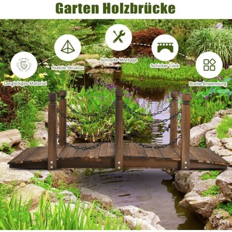 COSTWAY Holzbrücke mit Gelaender, Gartenbrücke Teichbrücke, Zierbrücke