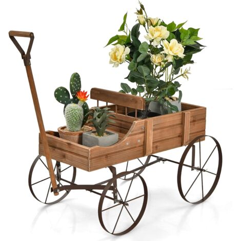 COSTWAY Gartenwagen Blumentoepfe Blumenkaesten mit Metall Raedern Pflanzenstaender 62 x 34 x 60cm Braun