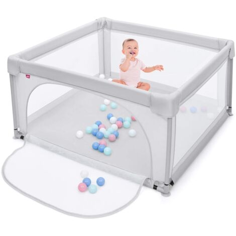 COSTWAY 120 x 120cm Baby Laufstall mit 50 Spielbaellen, Laufgitter mit atmungsaktivem Netz und Reissverschluss, Krabbelgitter mit Tür, Laufgitterzelt für Saeuglinge und Kleinkinder Grau