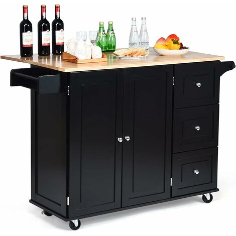 COSTWAY Küchenwagen rollbar, Kücheninsel mit Handtuchhalter, Küchenschrank aus Holz, Servierwagen Kücheninselwagen, Mikrowellenwagen Sideboard 135x76x91cm Schwarz