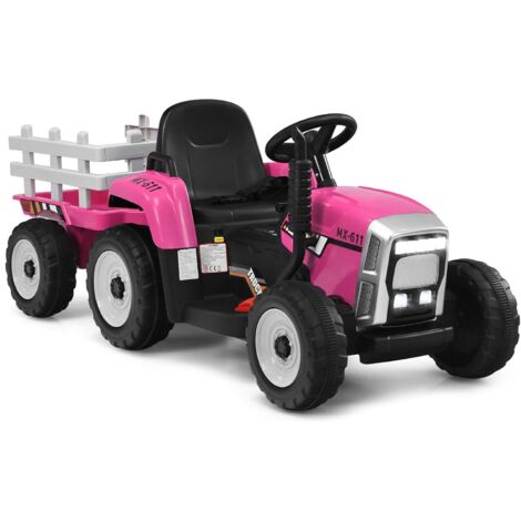 COSTWAY 12V 3-Gang Traktor mit abnehmbarem Anhaenger und 2,4G Fernbedienung, Kinder Aufsitztraktor mit LED Lichtern, Musik, Hupe, Bluetooth & USB Funktionen, geeignet für Kinder ab 3 Jahren Rosa