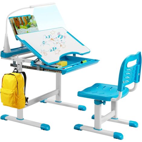 COSTWAY Kinderschreibtisch Set mit Bücherstaender& LED-Licht, hoehenverstellbarer Kindertisch und Stuhl mit gekippter Tischplatte&Schublade, Kinder Schreibtischfür Jungs & Maedchen Blau