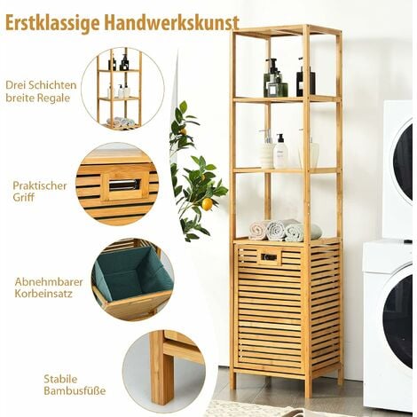 Badschrank für COSTWAY mit ideal Hochschrank Wäschekorb, schmal, Bad Bambus Waschküche Badregal Badezimmerregal Schlafzimmer
