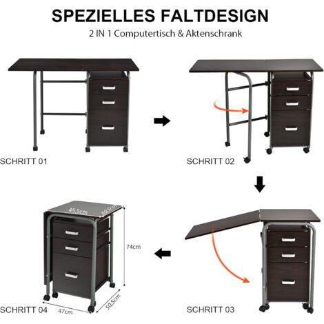 Klappbarer Computertisch Mit Rädern & Schubladen – Braun, 105x50 Cm, Platzsparend Fürs Homeoffice