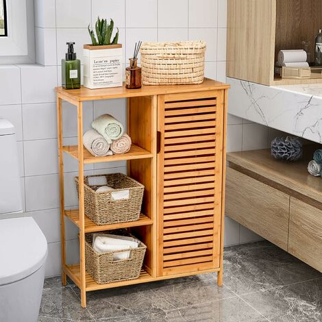 Badschrank mit 3-stufiges offenes Regal & Schrank COSTWAY Aufbewahrungsschrank Mehrzweckschrank aus Bambus Kommode Beistellschrank für Bad Wohnzimmer Küche 
