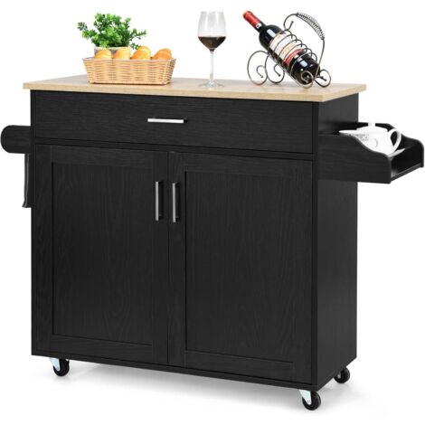 COSTWAY Küchenwagen mit Handtuchhalter und Gewürzboard, Kücheninsel mit Schublade und hoehenverstellbare Ablage, Küchenschrank rollbar, Servierwagen aus Holz, Kücheninselwagen Schwarz