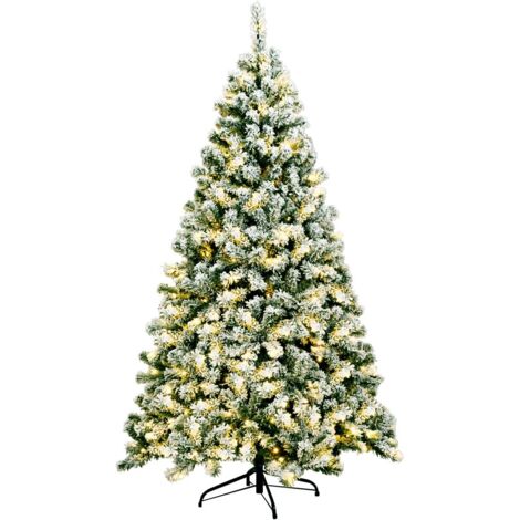 COSTWAY 180cm Künstlicher Weihnachtsbaum mit Schnee und warmweissen LED-Leuchten, Tannenbaum mit Metallstaender, Christbaum PVC Nadeln, Kunstbaum Weihnachten grün (1/5)