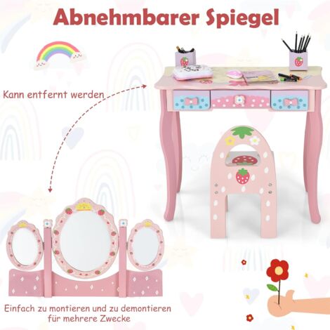 COSTWAY Kinder Schminktisch Set, Prinzessin Frisiertisch Mit Klappbarem Spiegel Schminkhocker Und 3 Schubladen Make Up Schminktisch Frisierkommode Fuer Kinder Maedchen Weiss