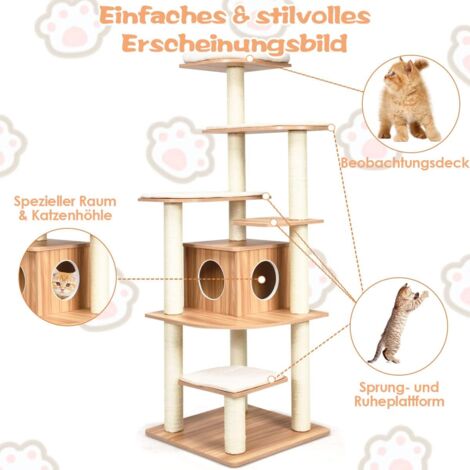 COSTWAY 175cm Katzenbaum abnehmbare&waschbare Matte,6-stufiger Katzenkratzbaum Holz, Kratzbaum Spielhaus mit Hoehle und 5 Matten, Katzenmoebel Kletterbaum Katzenhaus