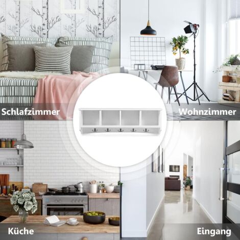 COSTWAY Wandschrank Haengeschrank Holz, Wandmontierter Garderobenstaender mit 4 Aufbewahrungseinheiten und 5 Doppelhaken, Haengeregal Wandregal, Dekorationsmoebel für Bad Wohnzimmer Küche Weiss
