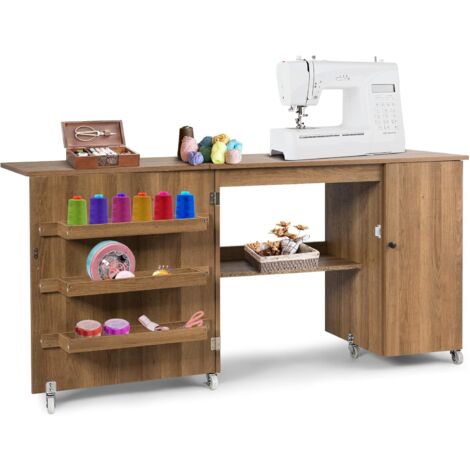 COSTWAY Klappbarer Naehtisch mit abschliessbaren Rollen Schreibtisch Computertisch Naehschrank mit Arbeitsplatte & Ablagefaechern & Türschrank Natur (1/5)