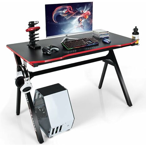 Gaming-Schreibtisch 110 cm K-förmiger Computertisch mit Getränkehalter und  Kopfhörerhaken Schwarz - Costway