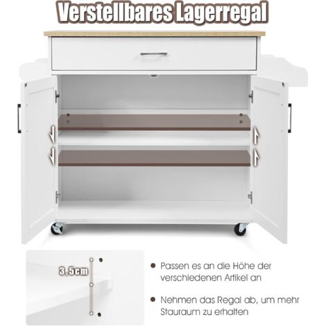 COSTWAY Küchenwagen mit Handtuchhalter und Gewürzboard, Kücheninsel mit Schublade und hoehenverstellbare Ablage, Küchenschrank rollbar, Servierwagen aus Holz, Kücheninselwagen Weiss