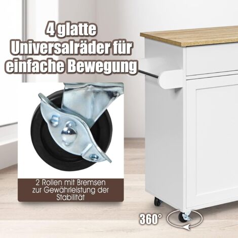 COSTWAY Küchenwagen mit Handtuchhalter und Gewürzboard, Kücheninsel mit Schublade und hoehenverstellbare Ablage, Küchenschrank rollbar, Servierwagen aus Holz, Kücheninselwagen Weiss