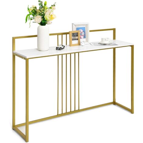 COSTWAY Konsolentisch Holz mit Marmoroptik, Beistelltisch mit goldfarbenem Metallgestell, Flurtisch modern, 120 x 32,5 x 88cm