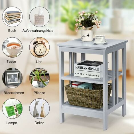COSTWAY Nachttisch 3 Ebenen, Beistelltisch Nachtschrank, Sofatisch Couchtisch für Schlafzimmer, Wohnzimmer 40x40x61cm Grau, II-foermig