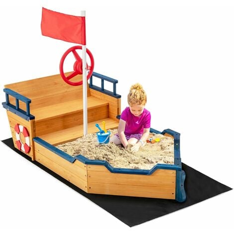mit COSTWAY Kinder Stauraum, Boot, Segelschiff Sitzbank Piratenschiff Bodenplane, inkl. mit Tannenholz, aus Sandkiste massivem Sandkasten