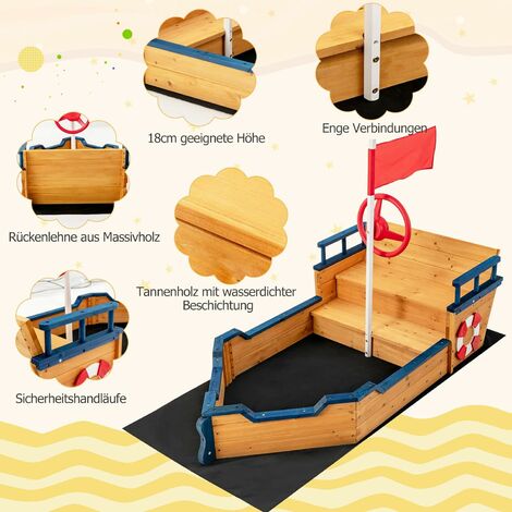 COSTWAY Sandkasten aus massivem Tannenholz, mit Sitzbank mit Stauraum,  Piratenschiff Boot, inkl. Bodenplane, Kinder Sandkiste Segelschiff